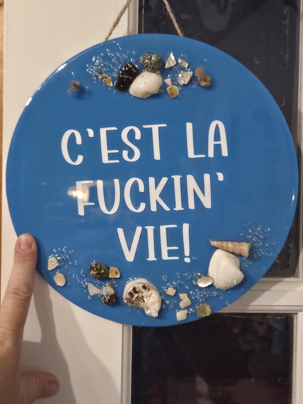 Blue Decorative Wall Plaque with Shell Accents - C'EST LA @*$#@ VIE